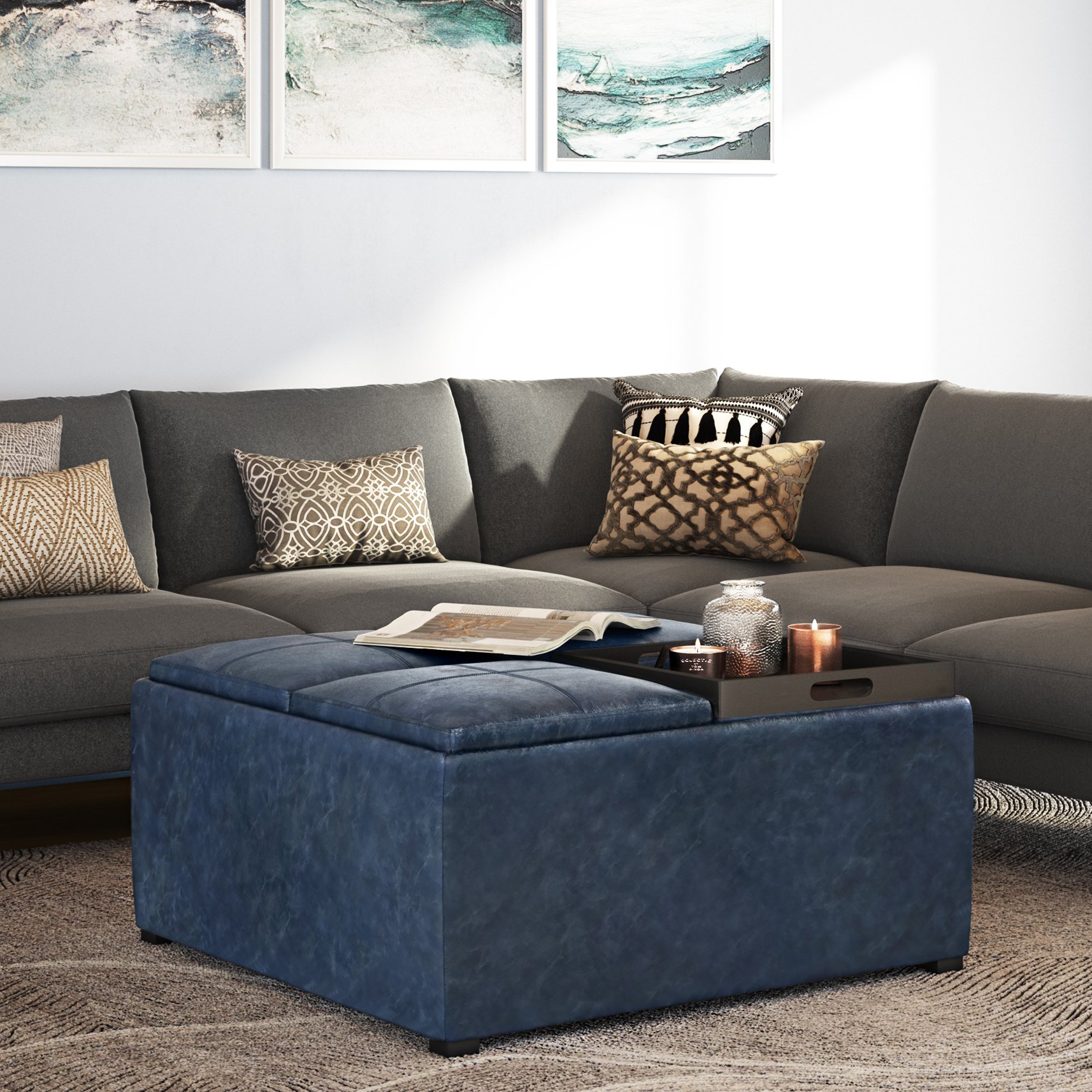 Avalon - Square Coffee Table Storage Ottoman - Denim Blue - Image 8