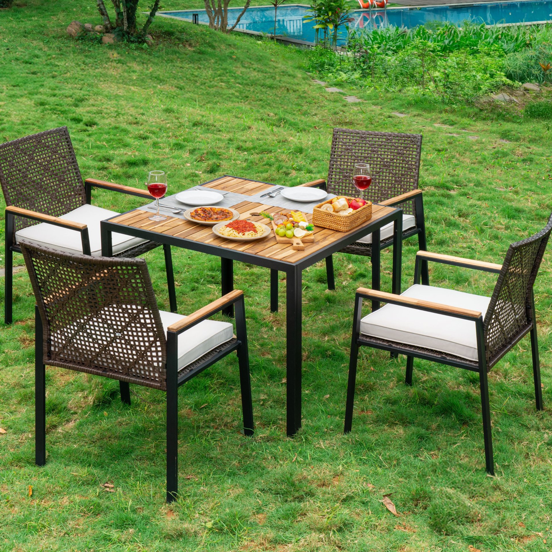 All Weather 5 Piece Patio Dining Table Set, Acacia Wood Table Top With Umbrella Hole, Rattan Outdoor - Coffee Brown - Image 17