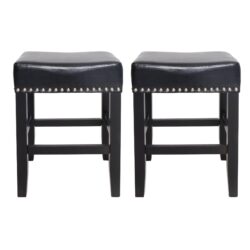 Soltique - Backless Dining Counter Stool With Leather Upholstered And Nailhead Trim (Set of 2) - Black