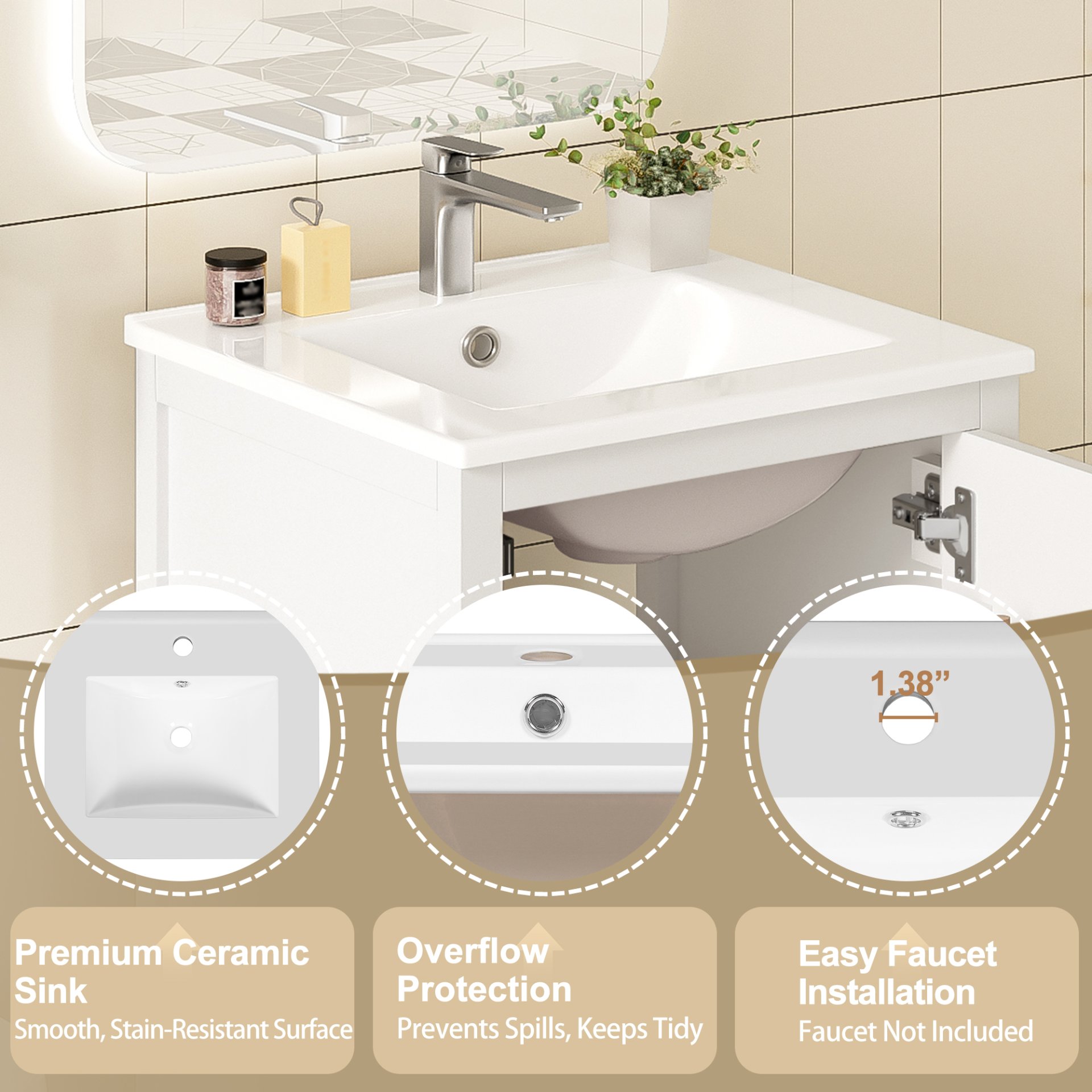 20" Bathroom Vanity With Sink, Soft Close Drawers, Door Organizer, Divider Drawer, Adjustable Foot Pads - White - Image 9