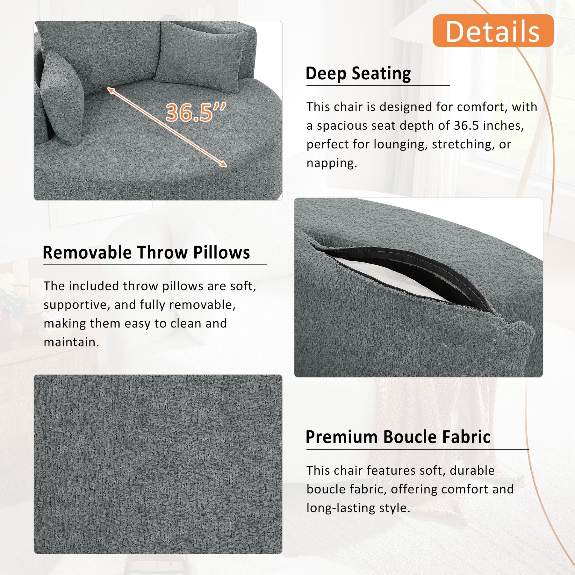 360° Swivel Chair Accent Barrel Chair Swivel Round Sofa Chair With 3 Removable Pillows For Living Room, Office And Hotel - Gray - Image 7