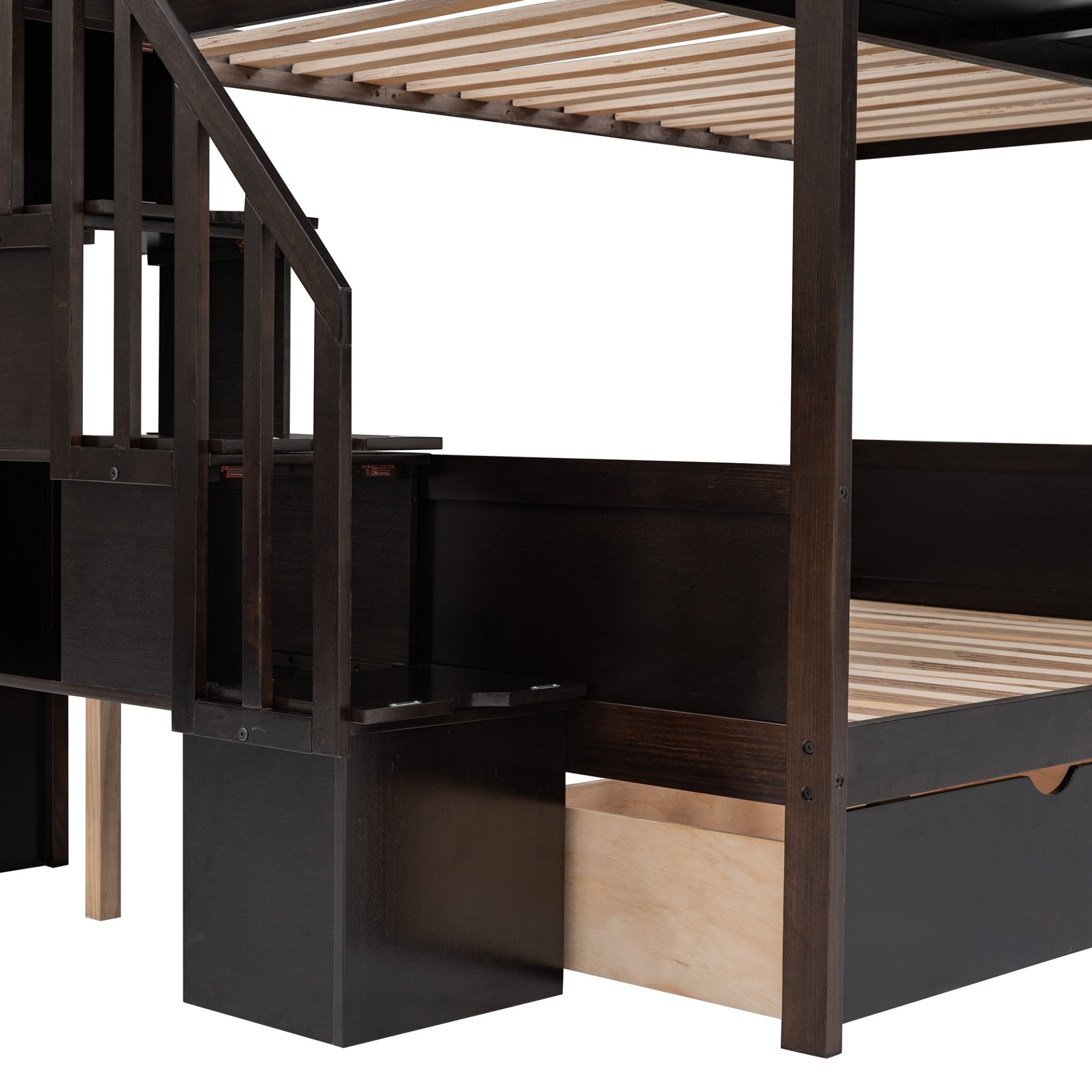 Twin Over Full Bunk Bed With Shelfs, Storage Staircase And 2 Drawers - Espresso - Image 11