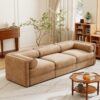 Elegant Chenille Sofa With Storage Seat Cylindrical Backrest And Armrests Contemporary 3 Seater Fabric Couch - Camel - Image 9