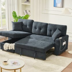 Sectional Sofa Bed L Shaped Sofa Couch Bed With USB Port, Reversible Sofa Couch Sleeper With Pull Out Bed, Chaise With Storage, For Living Room - Black