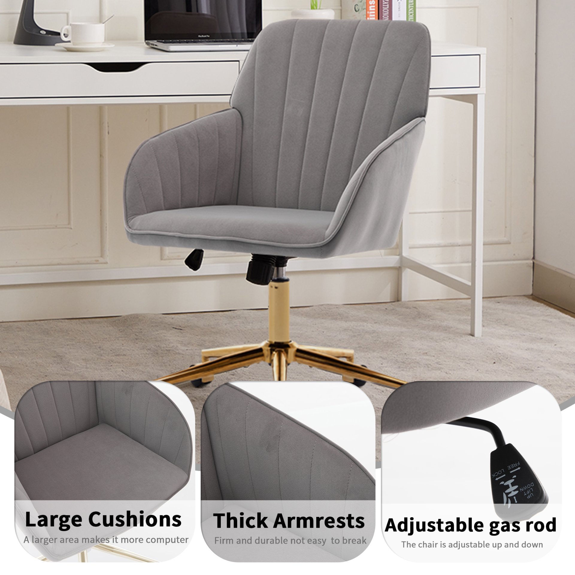 Adjustable Office Chair, Ergonomic Swivel Chair Velvet, Comfortable For Long Sitting - Gray - Image 4