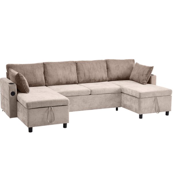 Sectional Sofa Pull Out Sofa Bed Versatile Sofa Sleeper With Large Storage Space, Two USB Ports And Two Cup Holders For Living Room - Brown