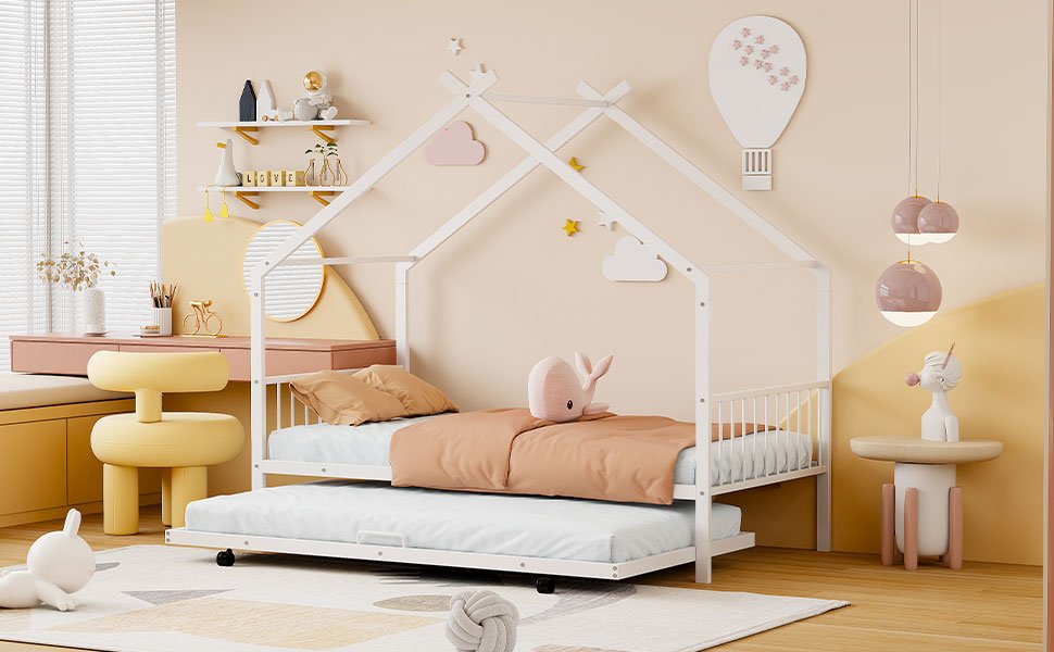Twin Size Playhouse Design Bed With Twin Size Trundle - White - Image 17