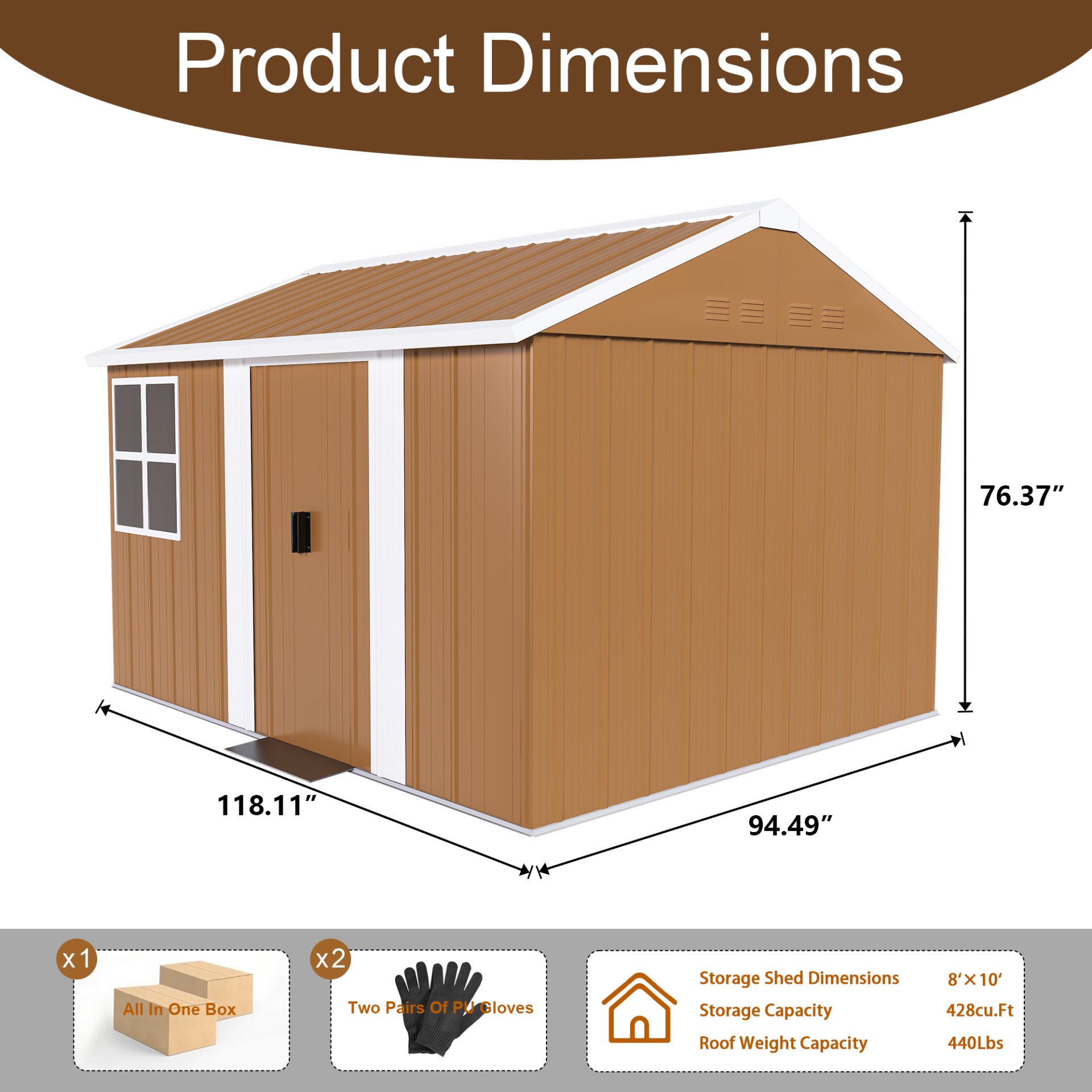Heavy Duty Storage Shed With Windows, Lockable Door & Ventilation Weatherproof Outdoor Garden Shed - Brown - Image 3
