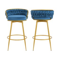 Modern Swivel Counter Height Bar Stools (Set of 2) With Hand Woven Backrest - Blue