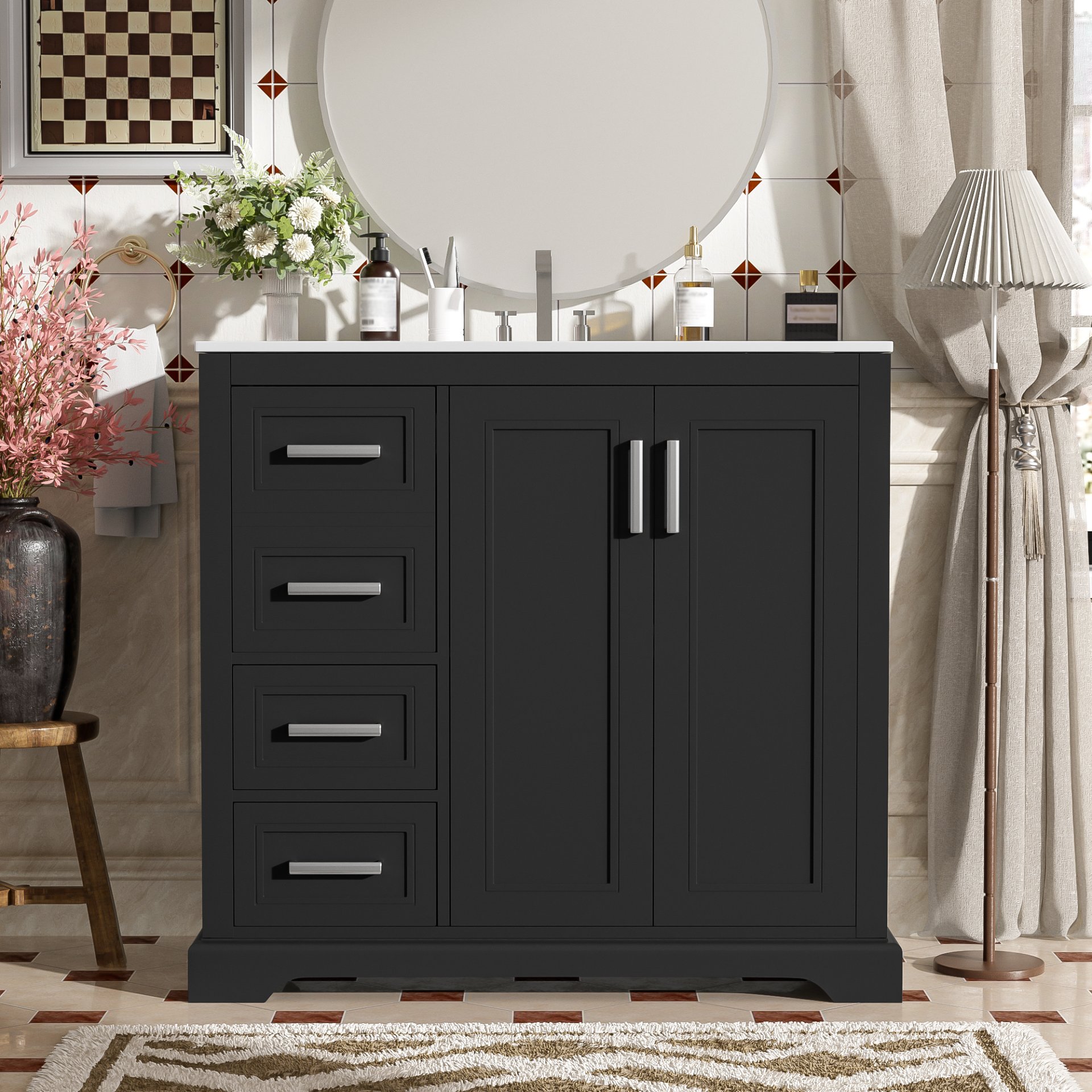 36" Bathroom Vanity With Sink, Soft Close Doors, Adjustable Shelf & 3 Drawers - Black - Image 3