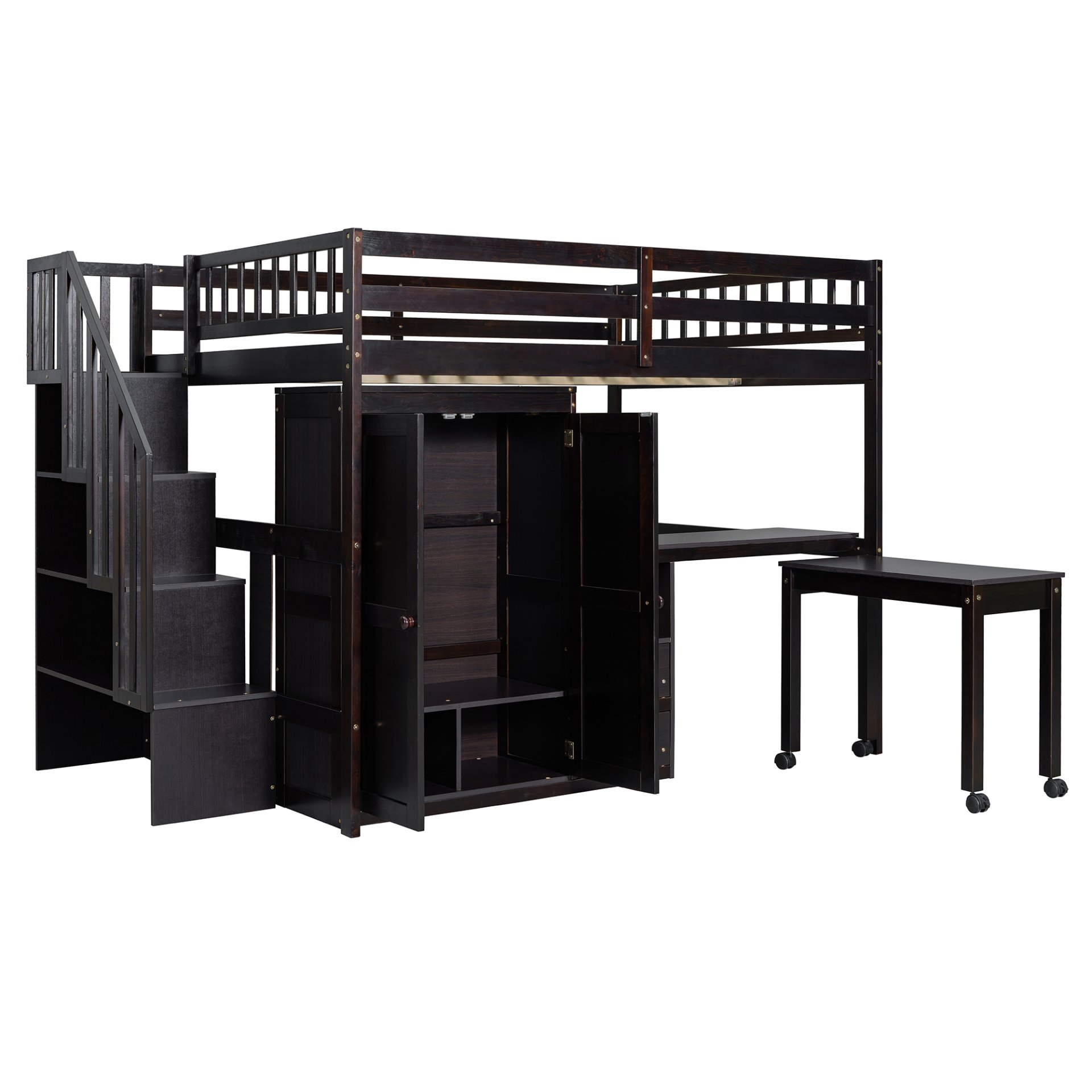 Full Size Loft Bed With Stairs, Bookshelf, Drawers, Desk & Wardrobe, Space Saving Multifunctional Furniture - Espresso - Image 15