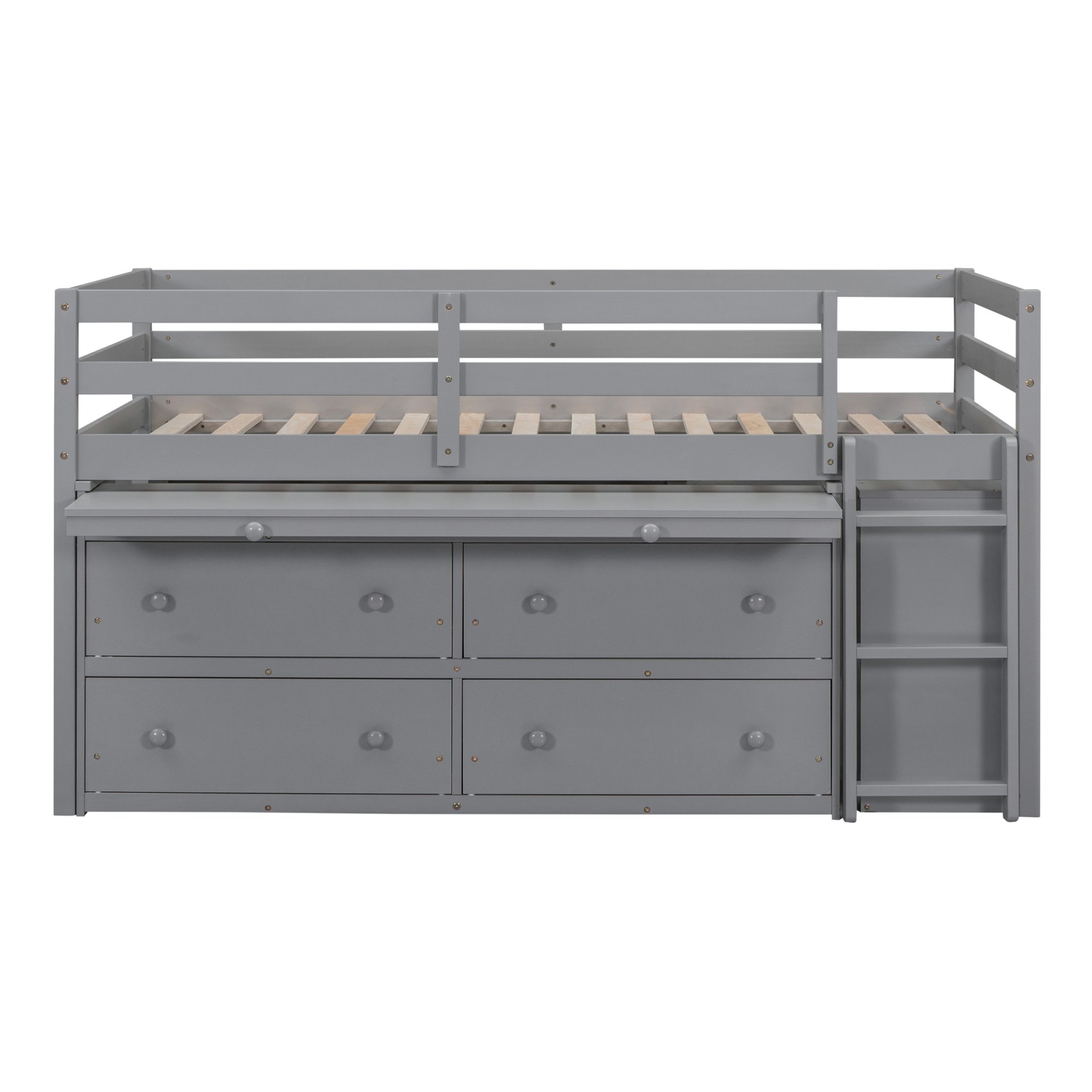 Twin Size Loft Bed With Retractable Writing Desk And 4 Drawers, With Lateral Portable Desk And Shelves - Gray - Image 3