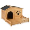 Wooden Dog House Outdoor With Porch, Dog Kennel With Water Resistant Asphalt Roof And Fencing, Indoor & Outdoor Dog Crate With Paw Print, Medium - Nature - Image 11