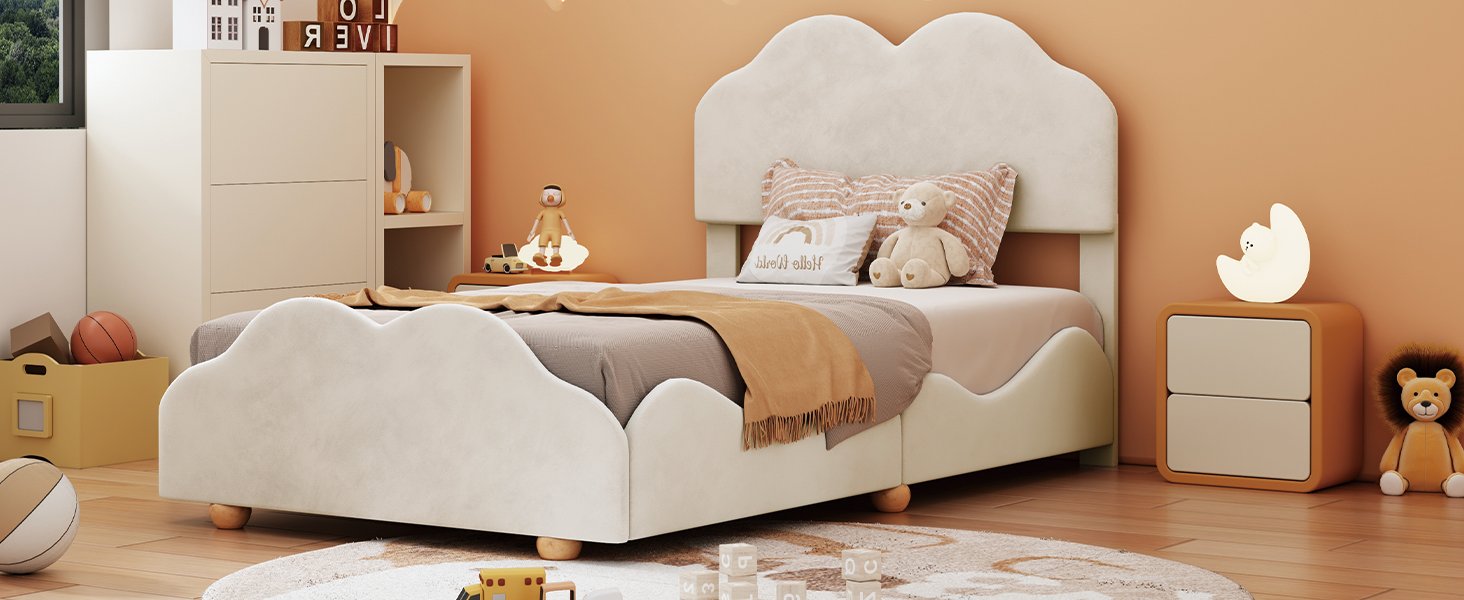 Twin Size Upholstered Platform Bed With Cloud Shaped Board - Beige - Image 12