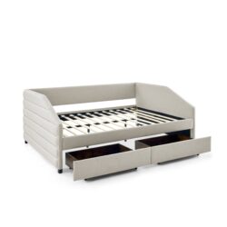 Tufted Upholstered Queen Size Daybed With 2 Drawers Trundle Linen Fabric - Beige