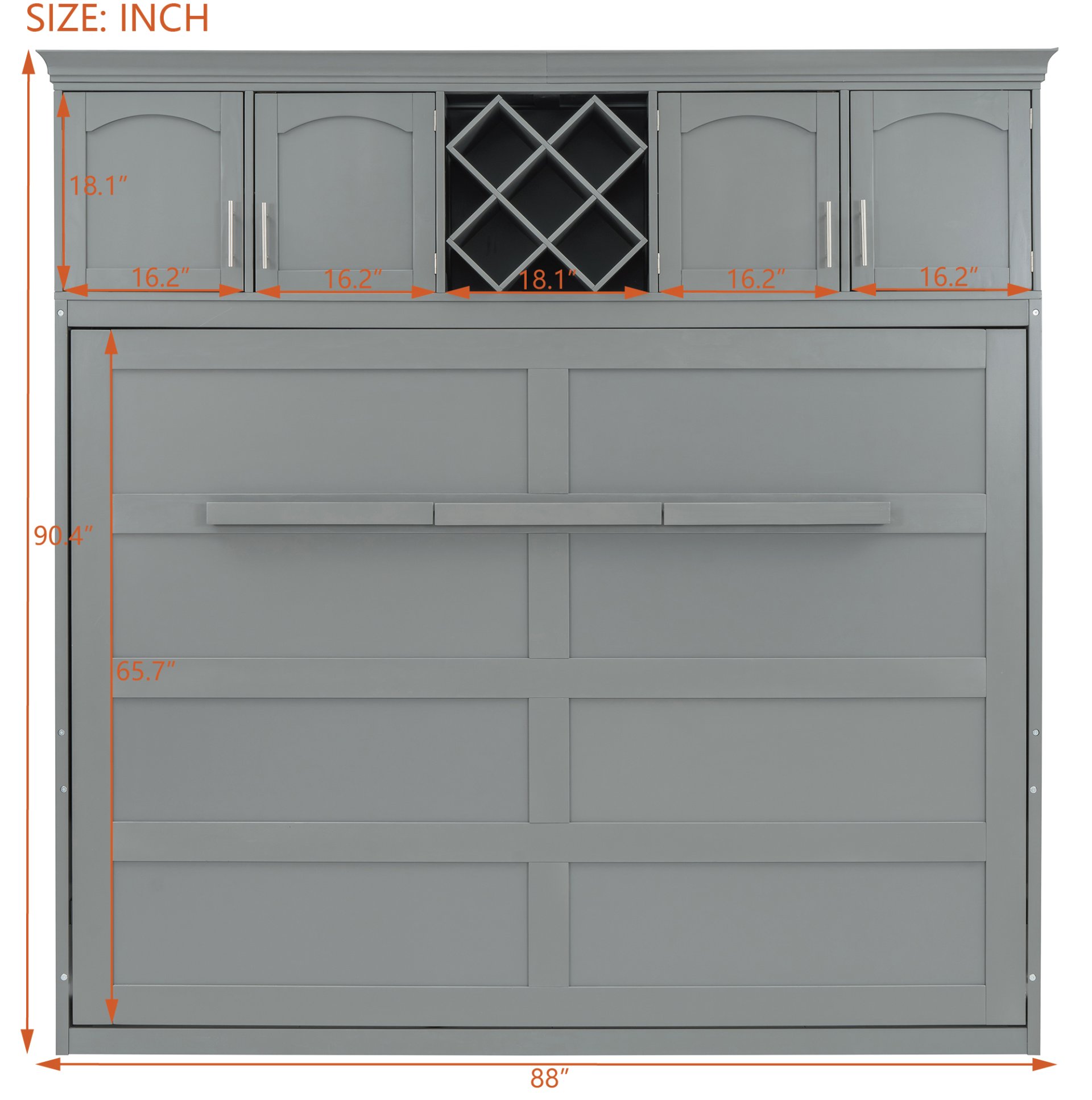 Queen Size Murphy Wall Bed With Top Cabinets & Wine Rack - Gray - Image 4