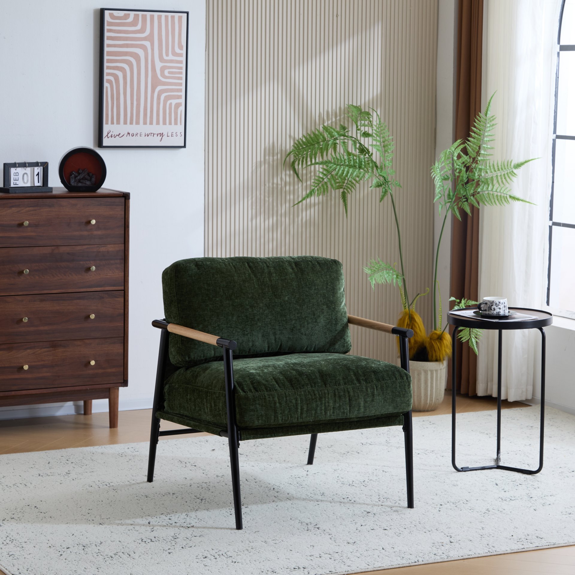 Modern Accent Chair With Plush Cushions, Minimalist Metal Frame, Wooden Armrest Design - Green - Image 2