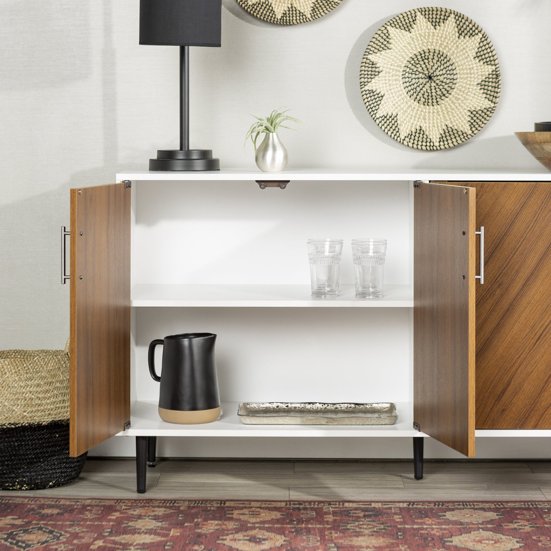 Mid-Century Modern Faux Bookmatch Door Buffet - White / Teak - Image 5