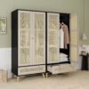 Tall Armoire Wardrobe Closet With 2 Rattan Doors & 1 Drawer, Boho Clothes Storage Cabinet With Hanging Rod For Bedroom - Natural / Black - Image 6