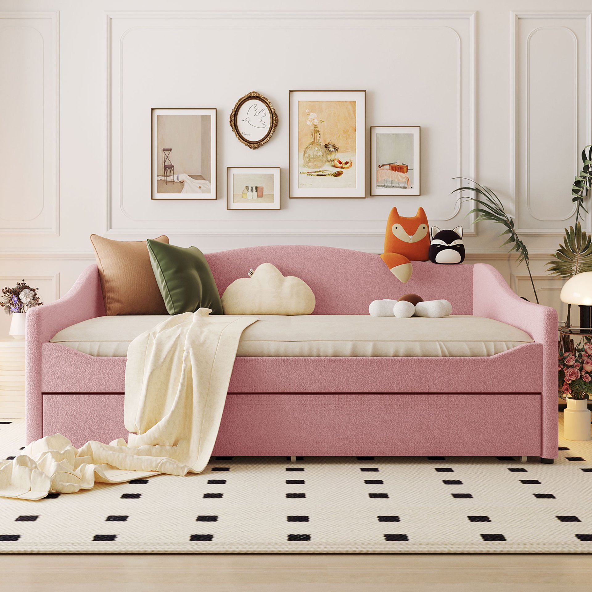 Full Size Upholstered Daybed With Light And Trundle - Pink - Image 2