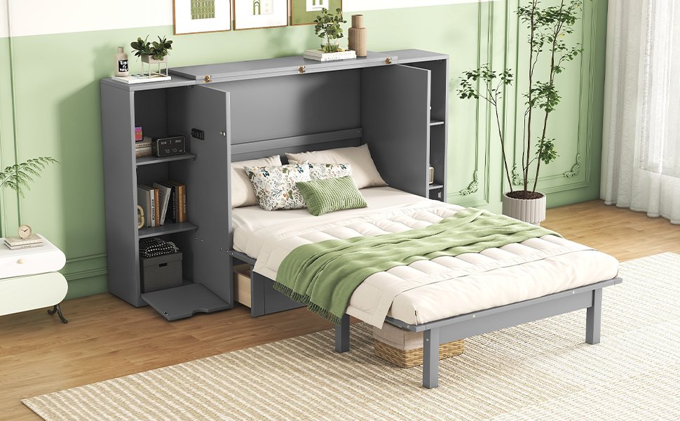 Queen Size Murphy Bed With Shelves, Drawers And USB Ports - Gray - Image 14