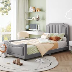Twin Size Upholstered Daybed With Classic Stripe Shaped Headboard - Gray