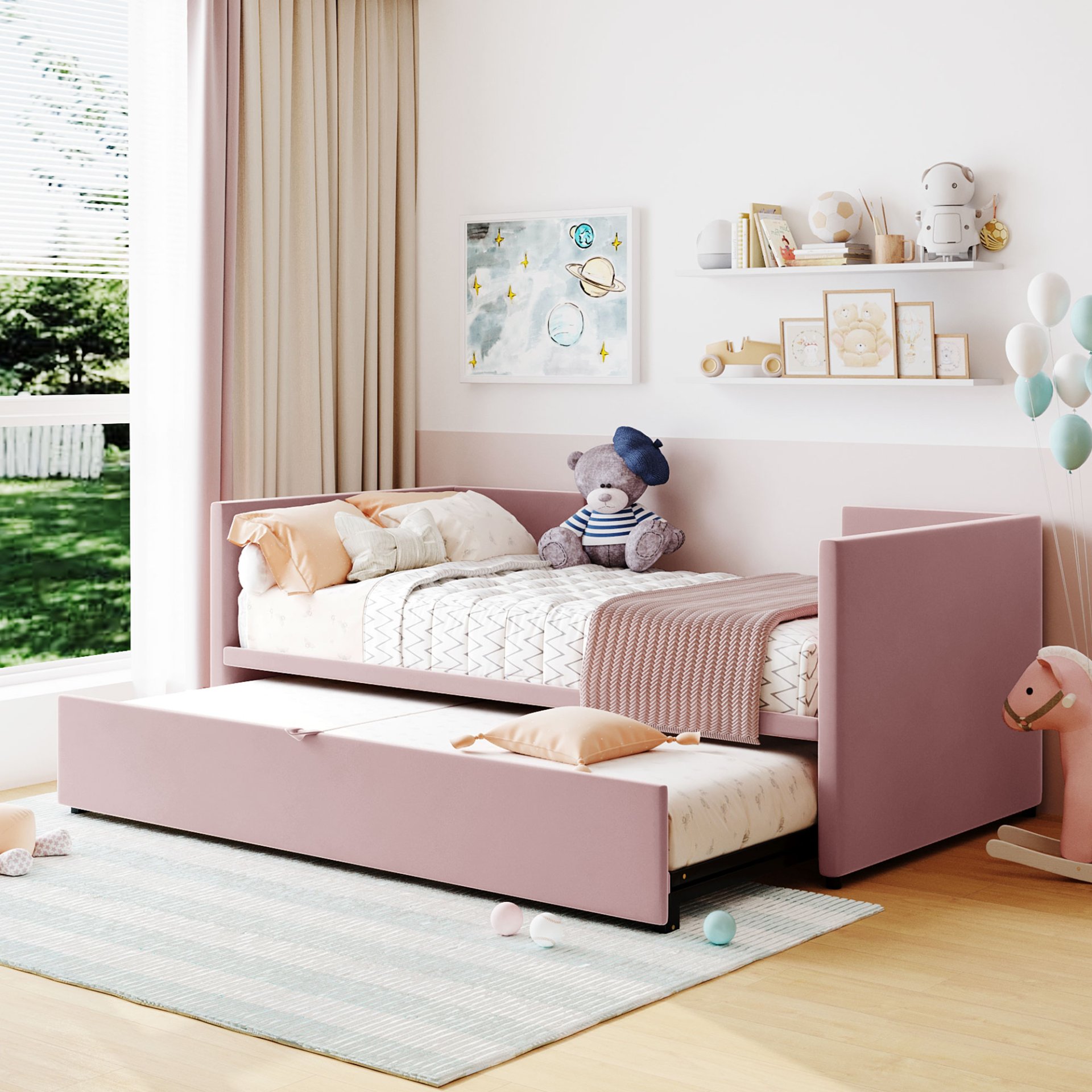 Twin Size Upholstered Daybed With Pop Up Trundle - Pink - Image 2