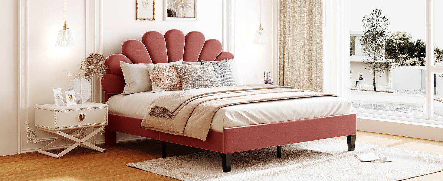 Queen Size Upholstered Platform Bed With Flower Pattern Headboard - Bean Paste Red - Image 11