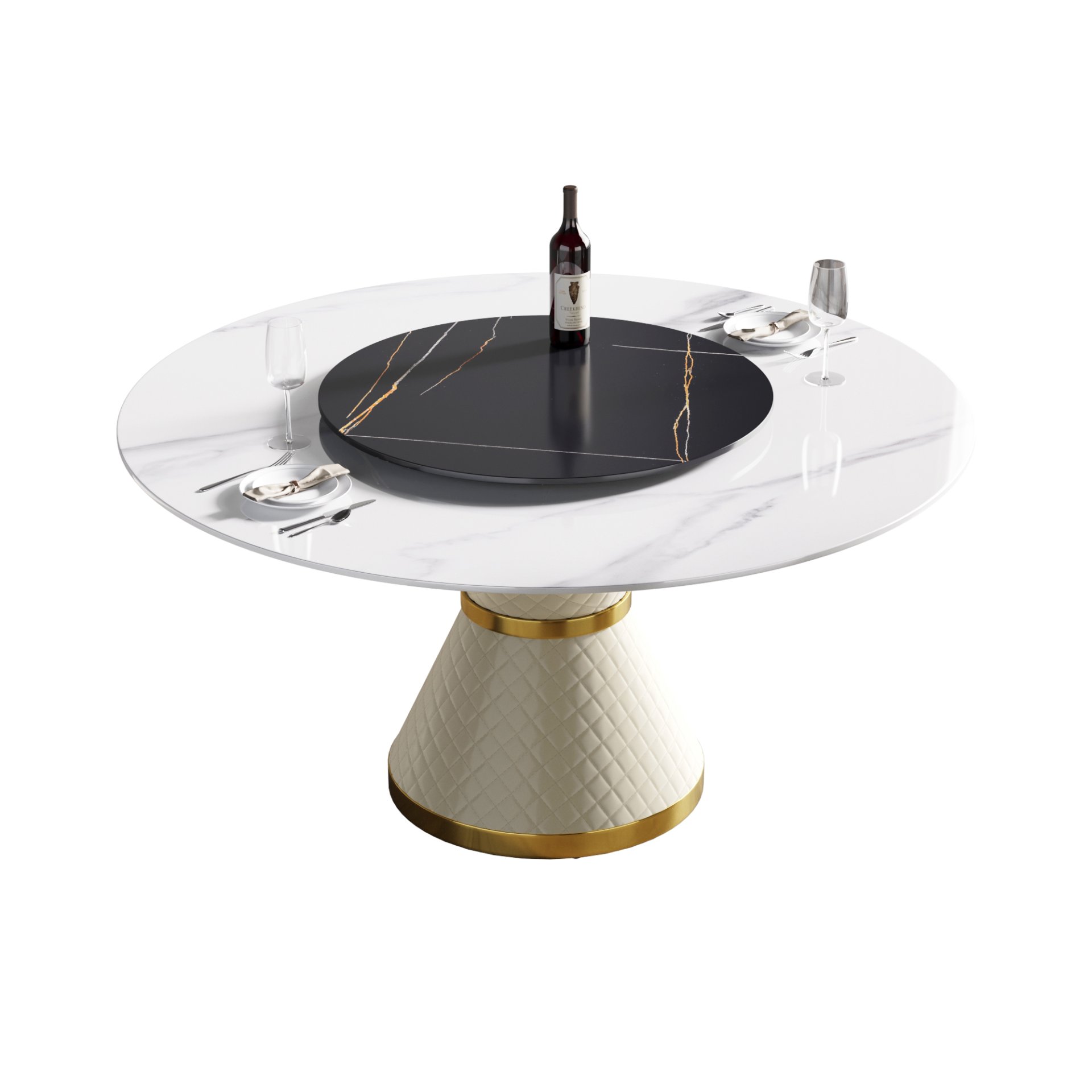 59.05" Modern Artificial Stone Round Carbon Steel Base Dining Table, Black Artificial Stone Turntable - White - Image 5