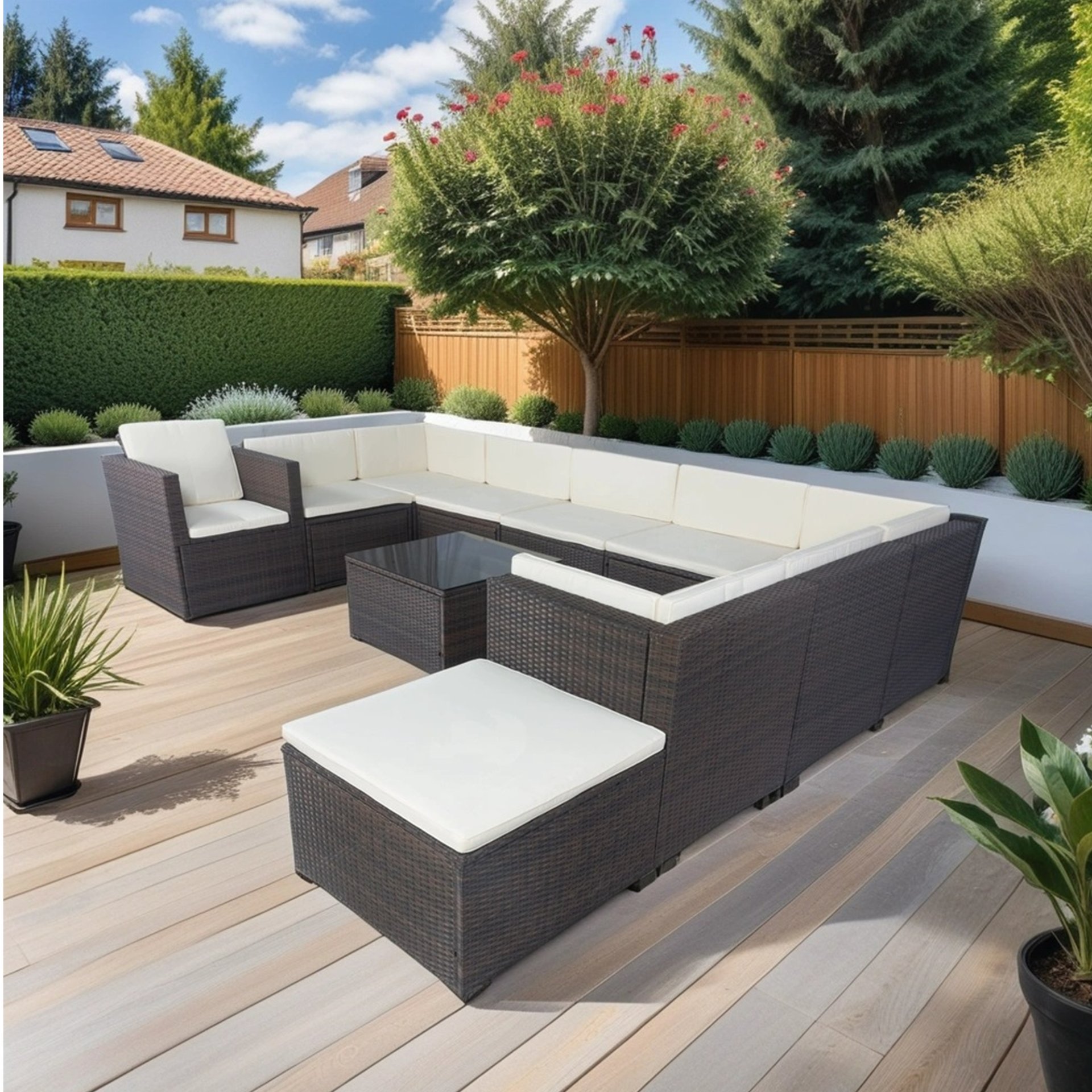 11 Piece Patio Wicker Conversation Set, 10 Seater Patio Sectional Set With 3 Storage Box Under Seat - Brown / White - Image 2