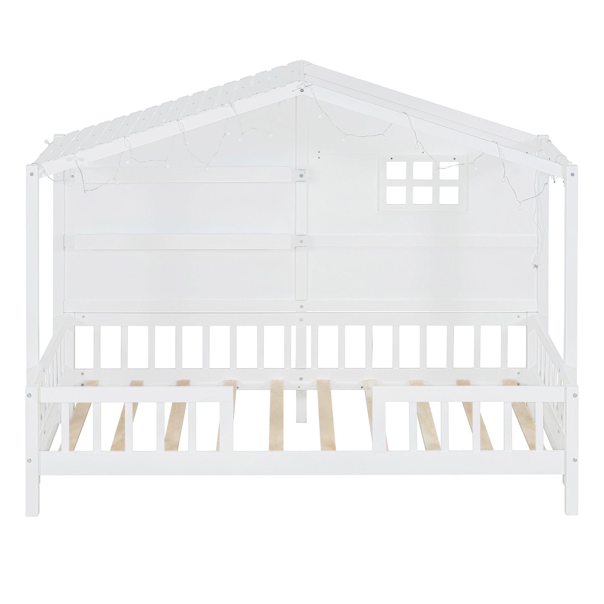 Twin Size House Bed With Shelves, Window And Sparkling Light Strip On The Roof - White - Image 6
