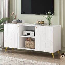 Modern TV Stand For TVs Up To 55", Entertainment Center Media Console, Adjustable Shelf, Metal Legs, Handles And Anti-Tip Device For Living Room - White