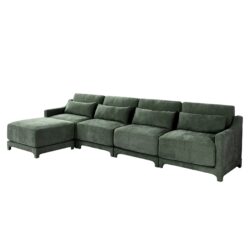 Stylish Four Seater Sofa With Movable Ottoman Ergonomic Design Wooden Base - Green