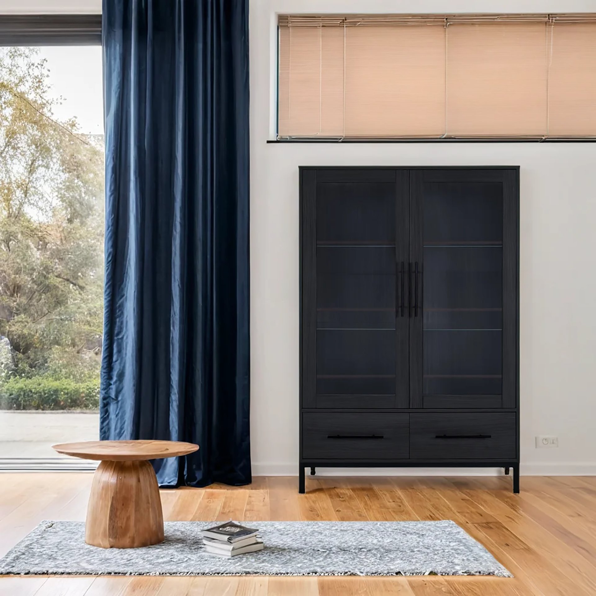 Modern Style Tall Display Cabinet With LED Lighting, Tempered Glass Door, 2 Drawers - Black - Image 2