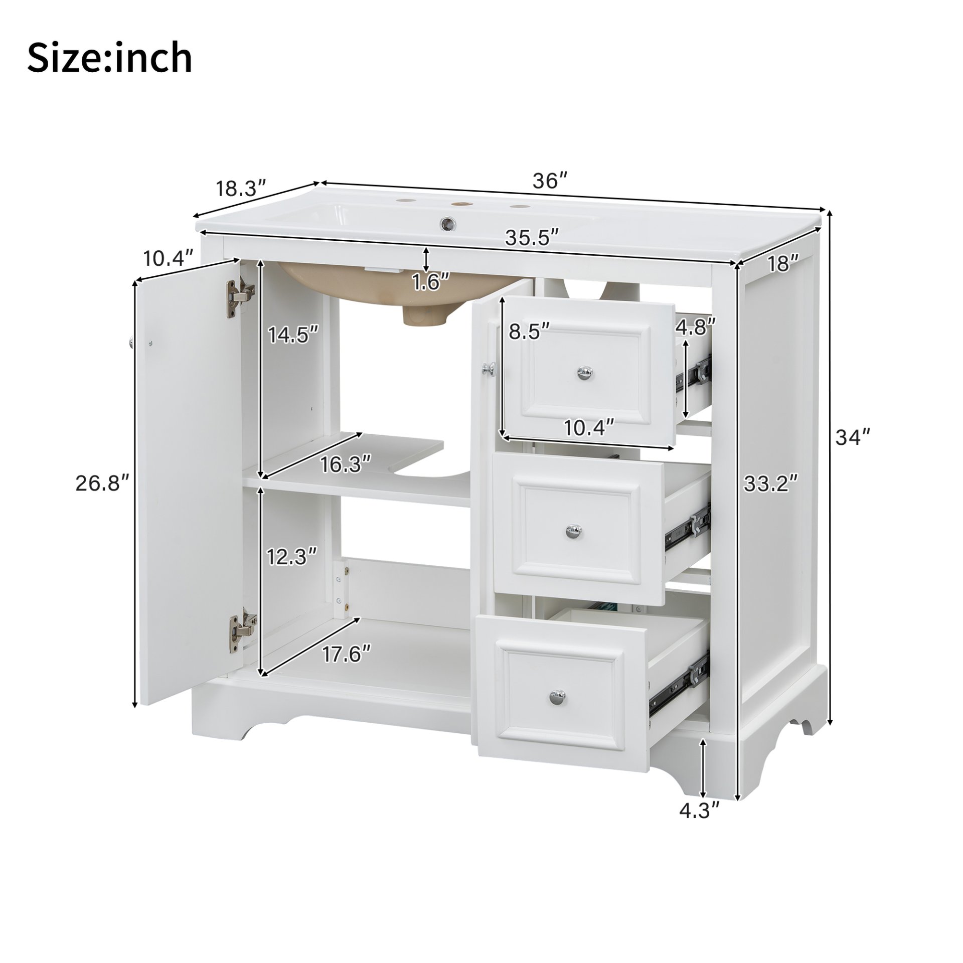 36" Transitional Bathroom Vanity With Sink, Soft Close Doors, Adjustable U Shelf, 3 Drawers - White - Image 4