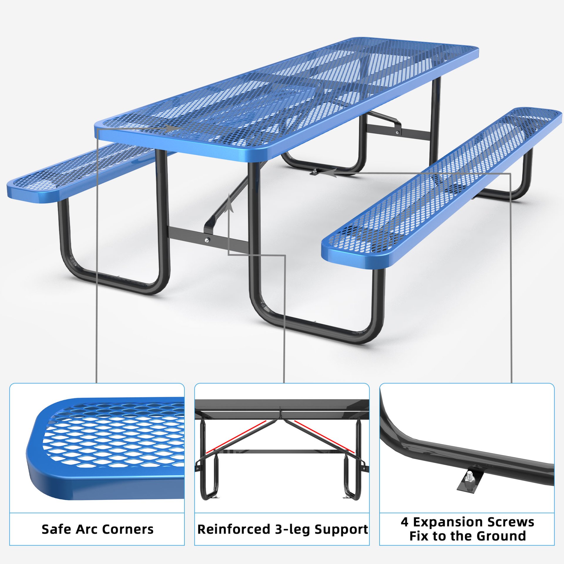 Expanded Metal Rectangular Picnic Table - Blue - Image 2