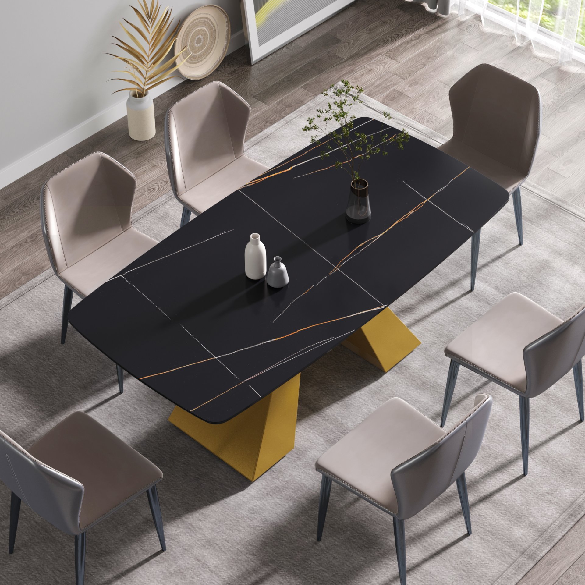 70.87" Modern Artificial Stone Curved Metal Leg Dining Table, Can Accommodate 6-8 People - Black / Gold - Image 4