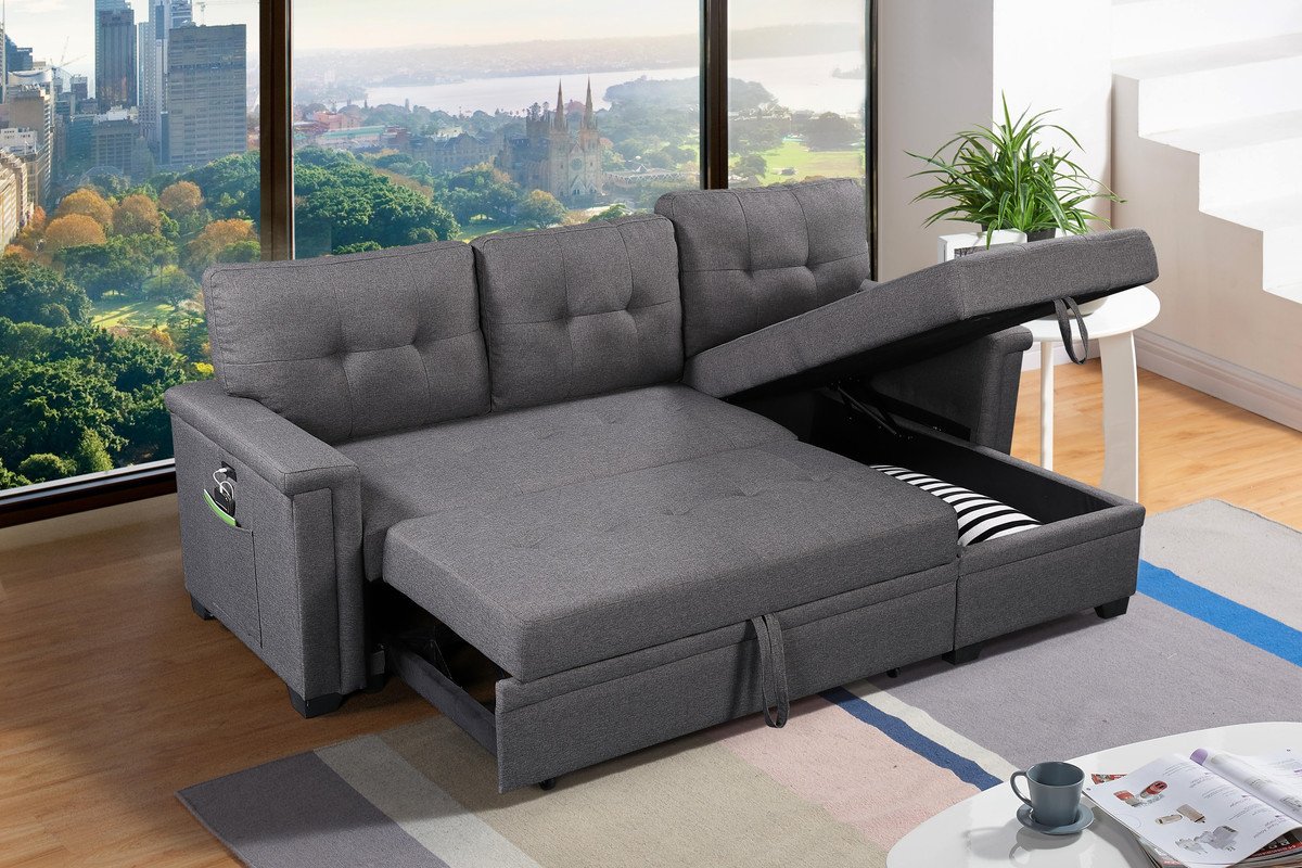 Ashlyn - Reversible Sleeper Sectional Sofa With Storage Chaise, USB Charging Ports nd Pocket - Dark Gray - Image 4