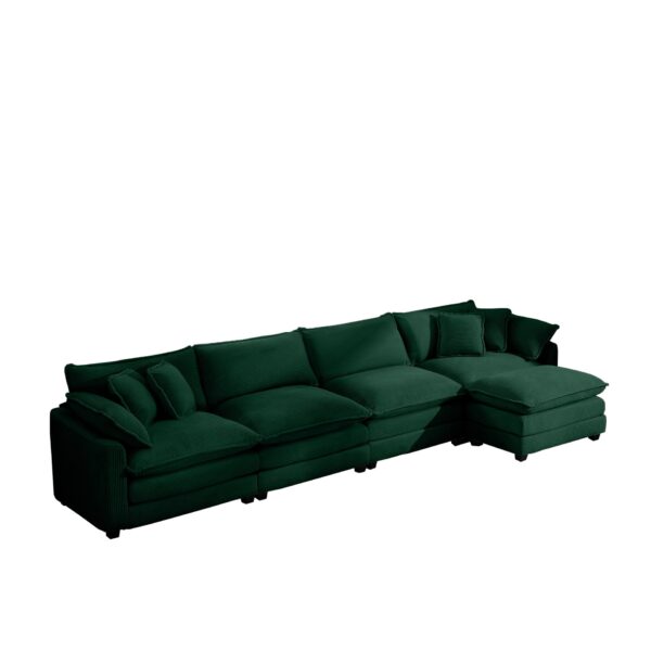 Modern Upholstered 4 Seater Corduroy Sofa With Footstool With Arm And Throw Pillows - Green