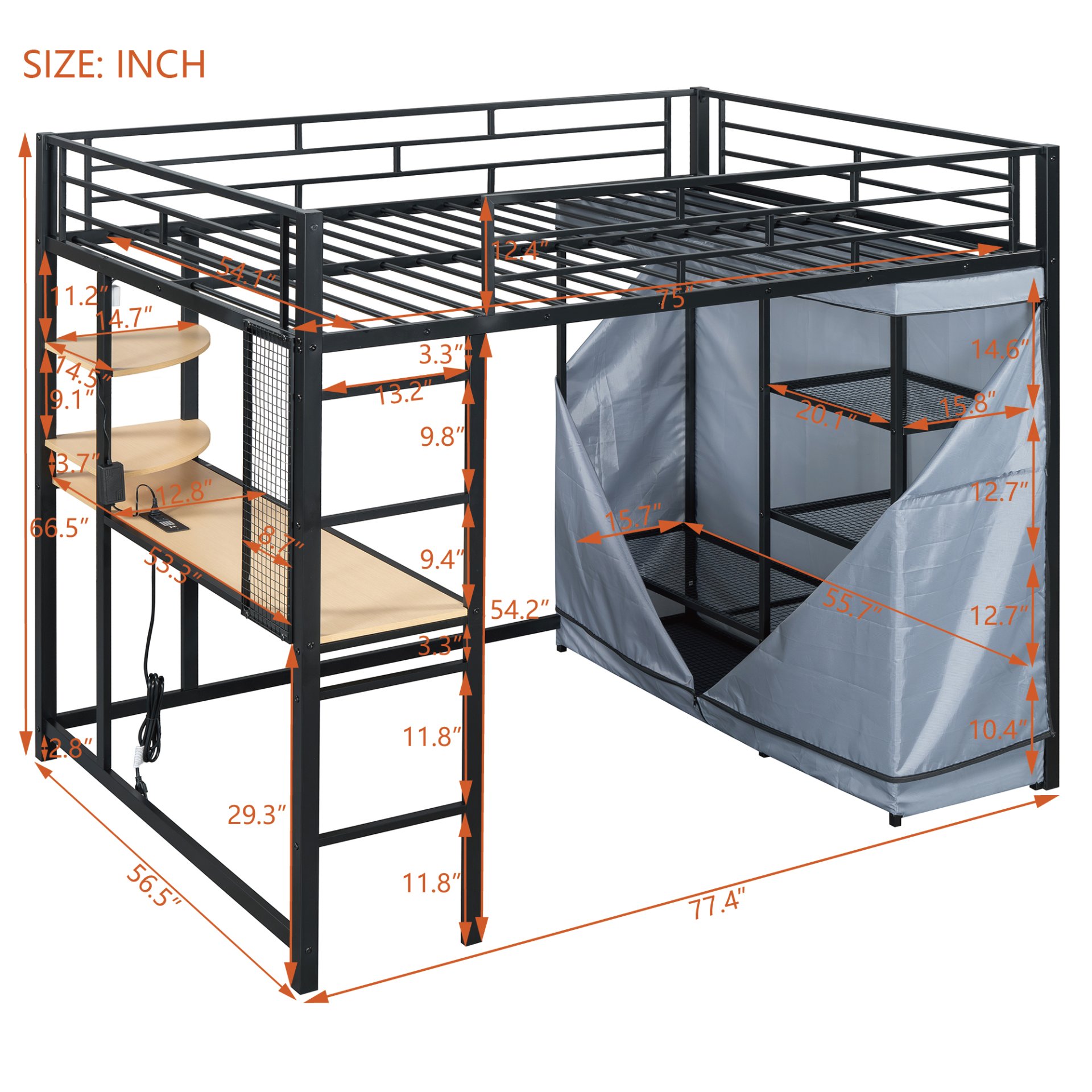 Full Size Loft Bed With Desk, Shelves, Power Outlet, LED Light And Wardrobe - Black - Image 7