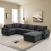 U Shaped Sectional Sofa 6 Seat Couch Set With Oversized Ottoman, Hidden Armrest Storage And Cup Holders USB Charging Ports Wide Seat Sofa - Black - Image 17