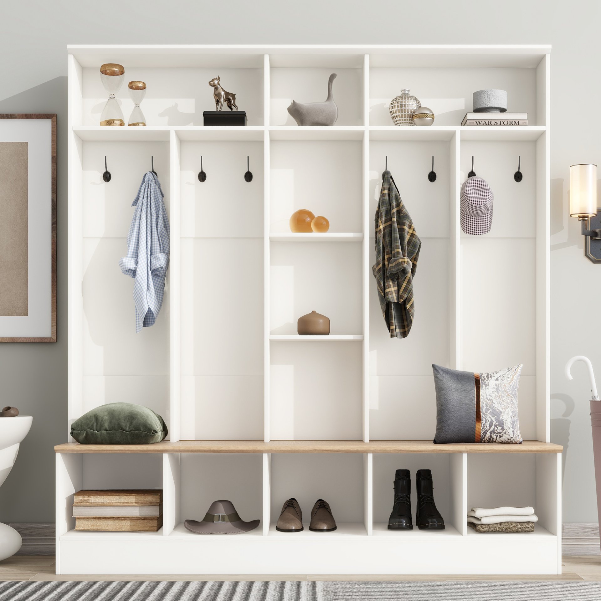 Wide Design Hall Tree With Storage Bench, Minimalist Shoe Cabinet With Cube Storage & Shelves, Multifunctional Coat Rack With 8 Hooks For Entryways, Mudroom - White - Image 4