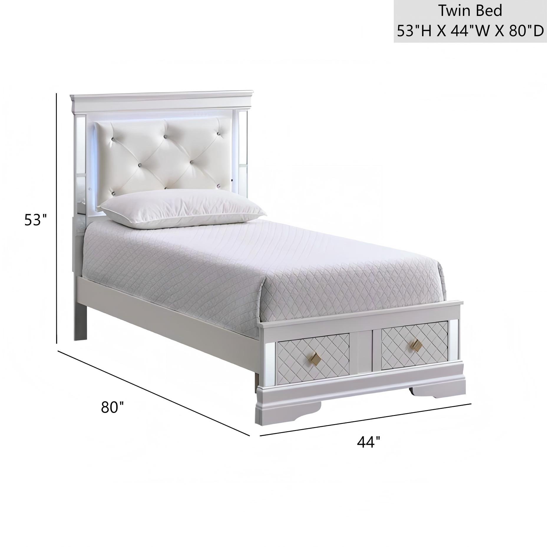 Verona - Twin Bed With Upholstered Headboard, LED Accent Lighting, 2 Drawers, Mattress Not Included - White - Image 3