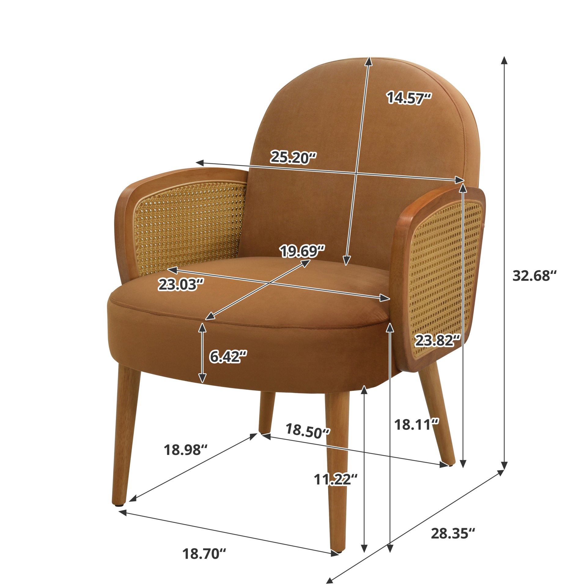 Mid Century Accent Chair With Rattan Armrests And Wooden Legs Velvet For Living Room, Bedroom, Or Balcony - Brown - Image 3