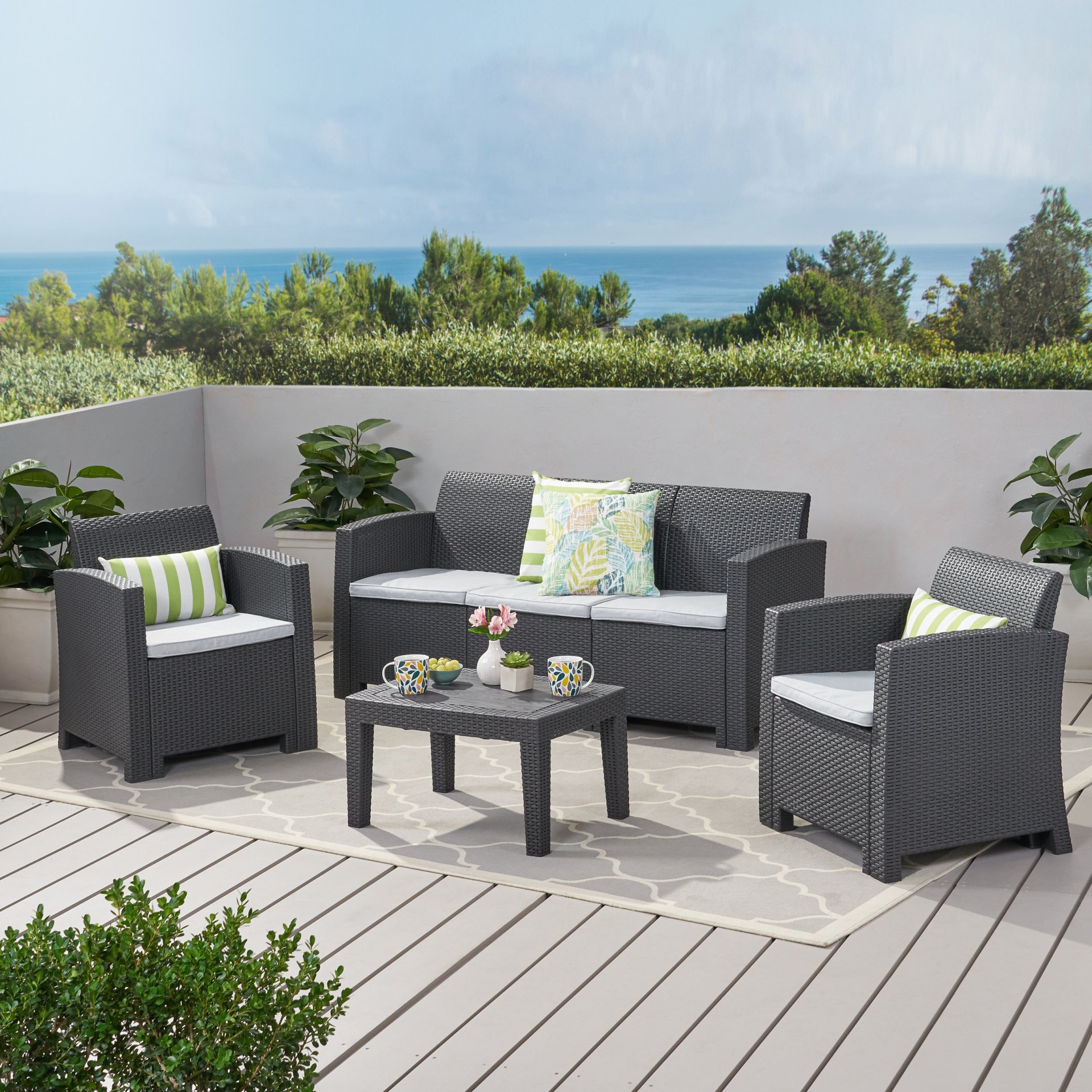 Velvora - Outdoor Wicker Set With 3 Seater Sofa, 2 Club Chairs, Coffee Table And Cushions - Brown - Image 8