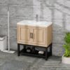 Modern Freestanding 32" Bathroom Vanity With Ceramic Sink, Hot And Cold Faucet, 2 Door Cabinet & Open Iron Shelf, Magnesium Oxide Frame - Natural - Image 4