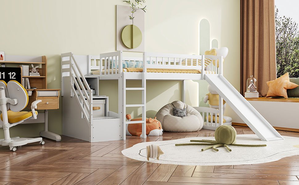 Twin Size Loft Stairway Bed With 2 Drawers And Slide - White - Image 19