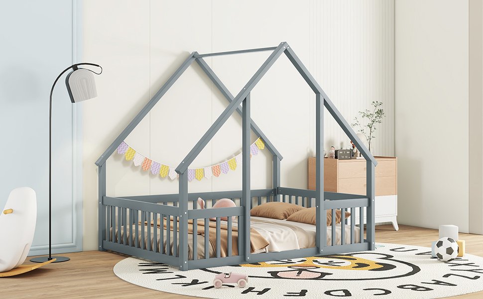 Full Wood House-Shaped Floor Bed With Fence, Guardrails - Gray - Image 9