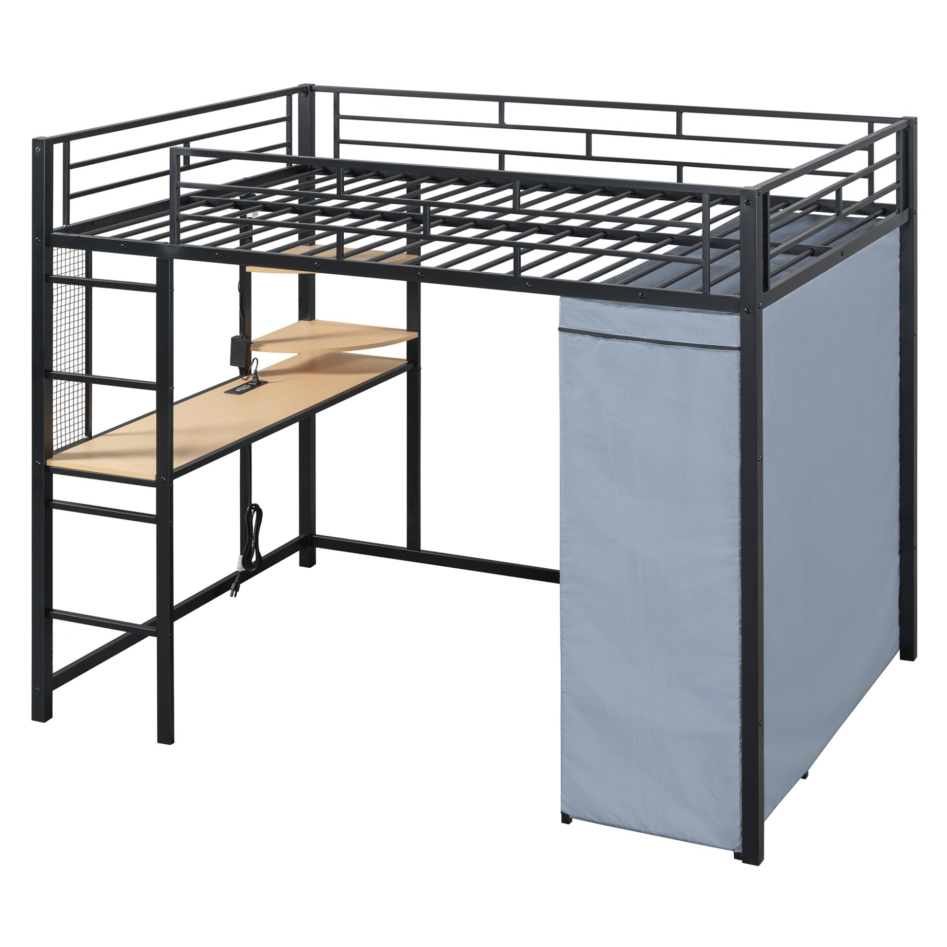 Full Size Loft Bed With Desk, Shelves, Power Outlet, LED Light And Wardrobe - Black - Image 13