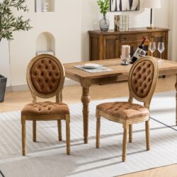 French Style Solid Wood Frame Antique Painting, Hand-Pulled Buckle Decoration Artificial Leather Dining Chair With Nailhead Trim, Wood Legs, Density Foam, Steel Spring Inner (Set of 2) - Light Brown